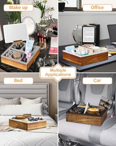 Couch Cup Holder Tray, Hitseon Silicone Acacia Wooden Couch Caddy with Cup Holder for Bed Car Beach, Drink Holder for Couch with Upgrade Removable 360° Rotating Holder Black - Image 3