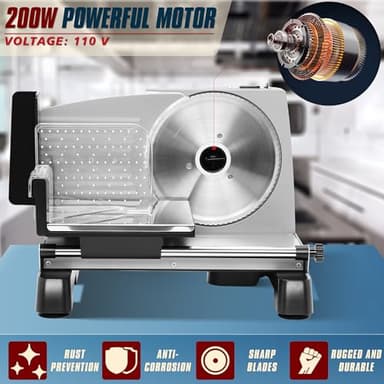 BIEAMA Meat Slicer, 200W Deli Slicer for Home, 2 Removable 7.5" Stainless Steel Blades, 0-18mm Adjustable Thickness, Electric Food Slicer for Meat, Cheese, Bread - Image 4