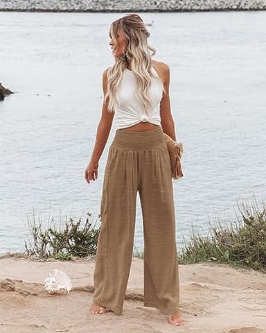 Angerella Women's Lounge Pants Casual Comfort High Waist Wide Leg Capri Palazzo Pants Solid Color Vacation Trousers with Pockets Camel M - Image 2