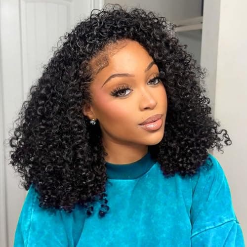 OWNROSE Half Wig Upgread 3 In 1 Kinky Curly Half Wig Human Hair 200 Density Glueless Wigs Human Hair Beginner Friendly Curly Wig Drawstring Seamless Flip Over Clip in Wigs for Women 16 Inch - Image 1