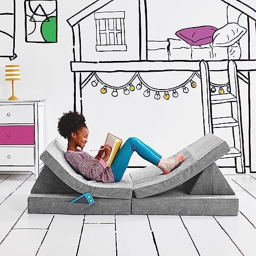 Yourigami Kids and Toddler Play Couch, Convertible Folding Sofa, Durable Foam Modular Design, Mountain Gray - Image 1