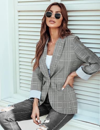 Genhoo Womens Long Sleeve Lightweight Office Work Suit Jacket Boyfriend Blazer M Black White Plaid - Image 3