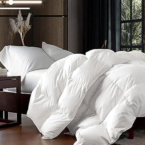 Luxurious Queen Size Goose Down Fiber Waterfowl Feather Fiber Comforter Duvet, 100% Egyptian Cotton Cover, 48 oz. Fill Weight, Baffle Box Design, White Solid - Image 1