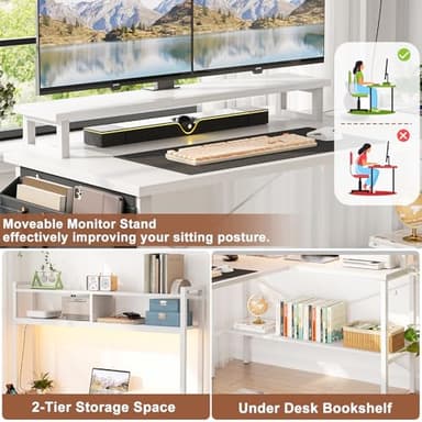 Aheaplus L Shaped Gaming Desk with Power Outlets & LED Lights, Small L- Shaped Desk Computer Corner Desk with Monitor Stand & Storage Shelf, Home Office Desk Writing Desk with Storage Bag, White - Image 5