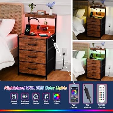 SZLHANJZ Nightstands Set of 2, End Table with LED Light and Charging Station Type C, 3 Drawers Storage Dresser Night Stand with Hooks, Tall Bed Side Table for Bedroom Dorm, Rustic Brown - Image 6