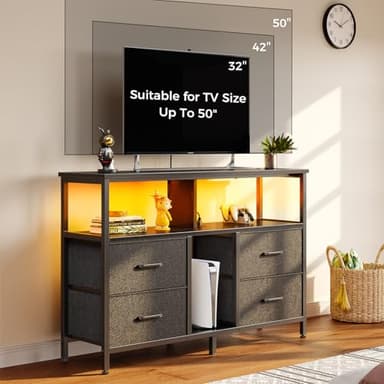 Rolanstar TV Stand with Power Outlets and LED Light, 4 Fabric Drawers Entertainment Center for 32/45/55 inch TVs, Media Console with Storage for Living Room or Bedroom, Black - Image 5