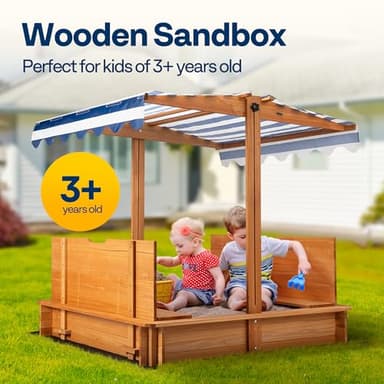 VIVOHOME 47" Solid Fir Wooden Sandbox with Adjustable Sun Canopy & Foldable Benches, Outdoor Play for Kids, Weather-Resistant Design, Drainage Liner & UV Protection for Backyard/Beach - Image 2