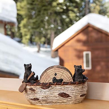 Bear Coasters Set of 6 Full Size Rustic Coasters in Handmade Canoe with Adorable Black Bear Figurines | Black Bear Log Cabin Decorations, Rustic Lodge Decor for The Home - Image 2