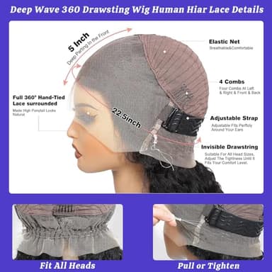 RJAOB Deep Wave 360 Lace Front Wigs Human Hair 28 Inch Invisi Strap HD Full Lace Front Wigs Human Hair Pre Plucked with Drawstring 180 Density Curly Wig 360 Glueless Lace Frontal Wigs for Women - Image 6