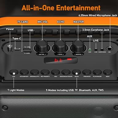 Karaoke Machine for Adults and Kids with 2 Wireless Microphones, 300W, 24H Playtime, RGB DJ Lights & TWS/USB/AUX/TV, Pro Portable Party Bluetooth Speaker for Home/Outdoor/Gifts - Image 5