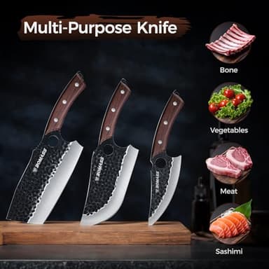Butcher Knife Meat Cleaver Knife, Hand Forged Japanese Knife Set of 3, High Carbon Kitchen Knife & Serbian Chef Knife & Boning Knife for Meat Cutting, Outdoor Cooking BBQ Camping Gift for Men - Image 7