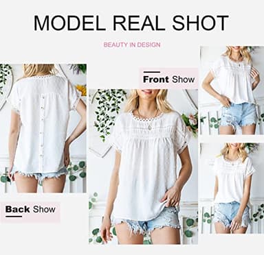 Dokotoo Blouses, Fashion 2025 Summer Crochet Lace Round Neck Short Sleeve Shirts Back Button Down Pom Pom Boho Casual Solid Chiffon Womens Tops White Medium - Image 4