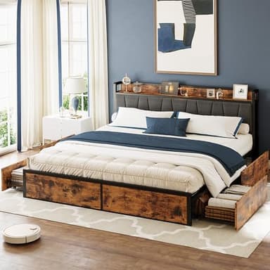 LIKIMIO California King Bed Frame with 4 Storage Drawers, Platform Bed with Charged Headboard, Sturdy and Stable, No Noise, No Box Spring Needed, Easy to Install, Vintage Brown and Gray - Image 3