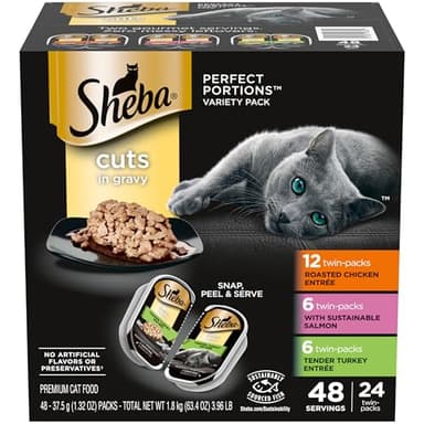 Sheba Perfect Portions Wet Cat Food Cuts in Gravy Variety Pack, Roasted Chicken Entree, with Sustainable Salmon, and Tender Turkey Entree, 2.6 oz. Twin-Pack Trays (24 Count, 48 Servings) - Image 1