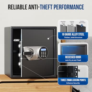 BlackSmith Biometric Safe Box 1.5 Cub Home Security Safe Fingerprint Recognition Money Safe with Keys Keypad Lock Box Secure Jewelry Valuables with Dual Alarm System Fireproof Bag, Black - Image 5