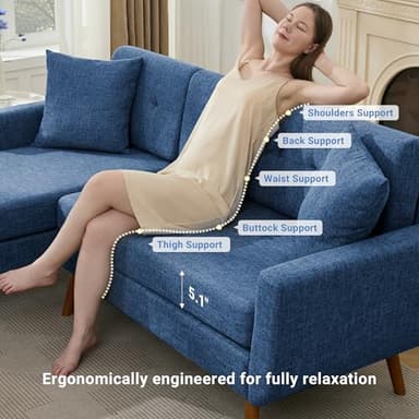 Tbfit L Shaped Couch Sofa, 80" W Mid-Century Modern Sectional Couches, 3 Seater Sofas with Wide Chaise Lounge & Two Pillows,Button Tufted Upholstered Sectional Sofa for Living Room, Bedroom, Blue - Image 5
