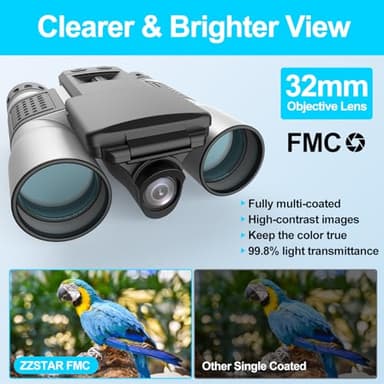 ZZSTAR 12x32 Binoculars for Adults, Binoculars with Camera, 2" LTPS Display 5MP 1080P Video Photo Recorder for Bird Watching Travel Hunting, with 32GB Micro SD Card, Silvery - Image 4