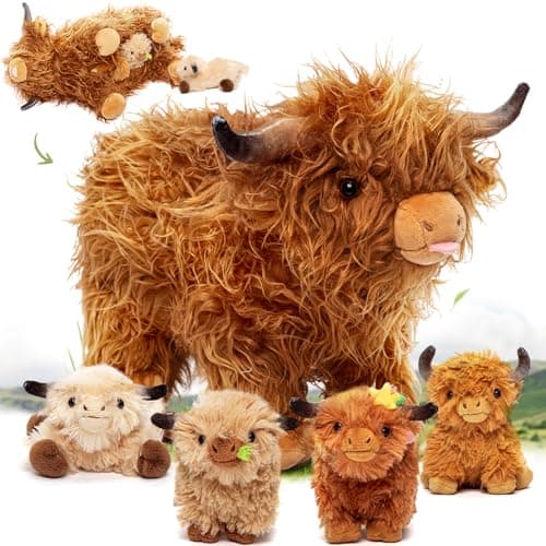 OUOZZZ Highland Cow Stuffed Animal – 14.5" Large Realistic Fluffy Cow Plush Toy with 4 Baby Calves – Travel-Friendly & Portable Gift for Baby Girls, Boys, Toddlers & Kids 3 Year Old - Image 1