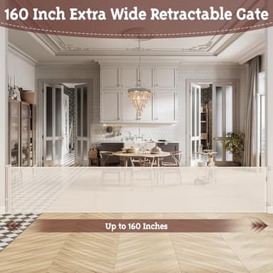 160 Inch Extra Wide Baby Gates for Large Openings, Retractable Baby Gates Extra Wide Retractable Dog Gate, Outdoor Pet Gate Indoor Extra Long Dog Gate Retractable Fence Garage Gate, Beige - Image 2