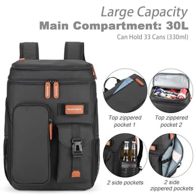 Insulated Cooler Backpack,Bagparkk 33 Cans Multifunctional Double Deck Leakproof Cooler Bag with Sternum Strap,Large Capacity Lightweight Travel Camping Beach Backpack Cooler Ice Chest for Men Women - Image 4