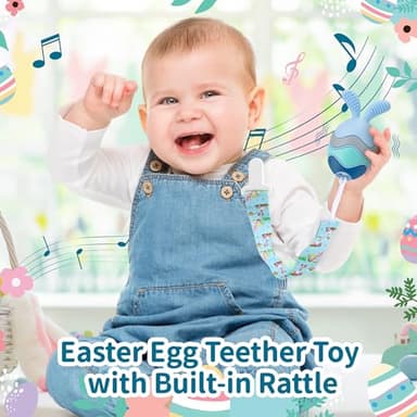 Easter Egg Bunny Baby Teether for Easter Basket Stuffers, Rabbit Egg Rattle Toy Teething for Easter Basket Essentials Infant Boys & Girls First Gifts with 2 Packs Easter Egg Pacifier Clip, 3 Months+ - Image 2