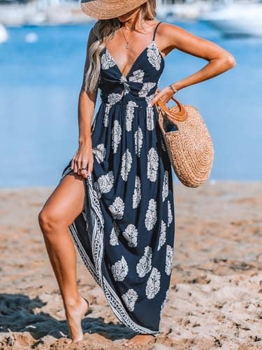 CUPSHE Summer Dress for Women Beach Paisley V Neck Sleeveless Cutout Casual Long Boho Maxi Formal Dress Navy Blue, L - Image 7