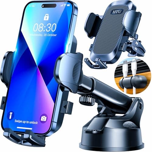 HTU [True Military-Grade] 2025 Upgraded Car Phone Holder 【Safety Certs & No Smell】 Cell Phone Holder for Car Mount for Dashboard Windshield Air Vent Long Arm Thick Case,Black - Image 1