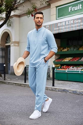 COOFANDY Men 2 Piece Linen Outfit Casual Button Down Henley Shirts Beach Yoga Pants Sets Guayabera Linen Suit - Image 9