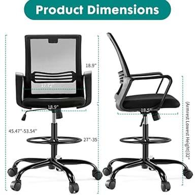 OLIXIS Drafting Chair - Tall Standing Office Desk Chair with Adjustable Foot Ring, Chair with Ergonomic Lumbar Support, Adjustable Height, Breathable Mesh, Darkblack - Image 3
