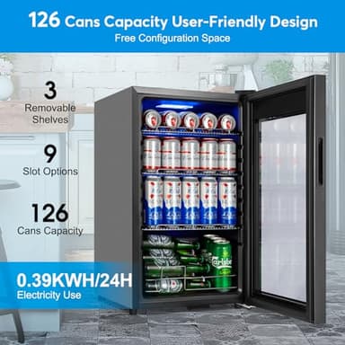 Beverage Refrigerator 17 inch Wide - 126 Can Beverage Cooler with Glass Door | Counter-Top/Freestanding Mini Beverage Beer Fridge | Temperature Memory | Invisible Door | Perfect for Soda, Beer - Image 3