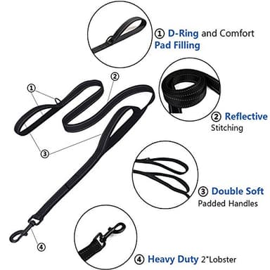 Heavy Duty Dog Leash with 2 Handles - 6ft Reflective Anti-Pull Leash for Large Dogs, Padded Traffic Handle for Control, Durable Nylon Training Lead (Black) - Image 5