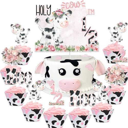 31 Pcs Holy Cow I'm 1/2 Birthday Cupcake Topper Pink Moo Moo Half Way To 1st Cake Cupcake Topper for Farm Animals Cow Theme Baby Shower Girls Half Birthday Party Cake Decorations Supplies - Image 1