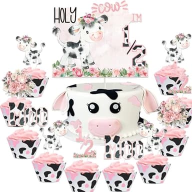 31 Pcs Holy Cow I'm 1/2 Birthday Cupcake Topper Pink Moo Moo Half Way To 1st Cake Cupcake Topper for Farm Animals Cow Theme Baby Shower Girls Half Birthday Party Cake Decorations Supplies - Image 1