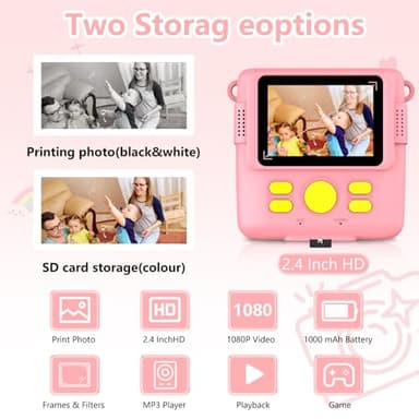 Radekly Instant Print Camera for Kids,Christmas Birthday Gifts for Age 3-12 Girls Boys，1080P HD Digital Video Cameras for Toddler,Kids Portable Toy with 3 Rolls Photo Paper，32GB Card-Pink - Image 2
