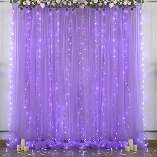Purple Backdrop Curtains with Lights String for Wedding Birthday Party 10ft×10ft Sheer Tulle Backdrop Curtain for Bridal Shower Baby Shower Photo Shoot Background Wall Decorations 2 Panels 5×10ft - Image 1
