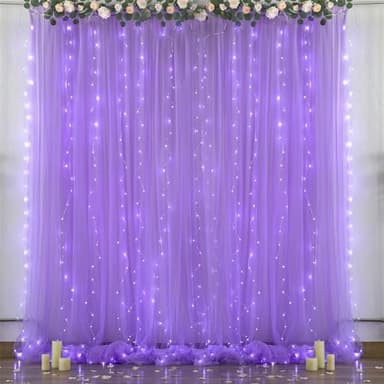 Purple Backdrop Curtains with Lights String for Wedding Birthday Party 10ft×10ft Sheer Tulle Backdrop Curtain for Bridal Shower Baby Shower Photo Shoot Background Wall Decorations 2 Panels 5×10ft - Image 1