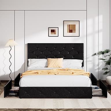 Allewie Upholstered Queen Size Platform Bed Frame with 4 Storage Drawers and Headboard, Diamond Stitched Button Tufted, Mattress Foundation with Wooden Slats Support, No Box Spring Needed, Black - Image 3