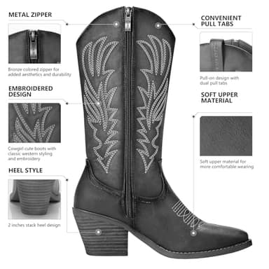 gioanroca Western Embroidered Cowgirl Women Boots,Pull-on Western Retro Classic Mid-Calf Boot for Ladies Boots (Black-A, 5) - Image 2