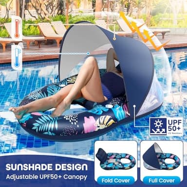 Inflatable Pool Floats with UPF50+ Canopy-Removable-120° Adjustable, Large Pool Beach Floating Raft Lounge with 2 Cup Holders, Swimming Inflatable Pool Floats for Beach, Lake, Party - Image 2