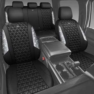 CAR PASS Bling Diamond Leather Car Seat Covers Full Seats Interior Sets, Waterproof Shining Glitter Sparkly Crystal Universal Armrest Fit Automotive Truck SUV Cute Women Girl, Black Silver Rhinestone - Image 8
