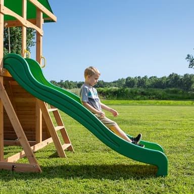 Backyard Discovery Mount Mckinley Cedar Wood Swing Set with Wave Slide, Play Deck, Double Rock Wall, Rope Ladder, Web Swing, Belt Swings, Toy Telescope, Steering Wheel, Sandbox Area, Outdoor Playset - Image 7