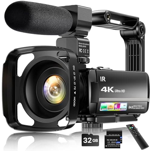 4K Video Camera Camcorder 64MP Vlogging Camera for YouTube 3.0" Touch Screen 18X Digital Zoom IR Night Vision with External Stereo Microphone,Remote,Lens Hood,Handheld Stabilizer,32G Card &2 Batteries - Image 1