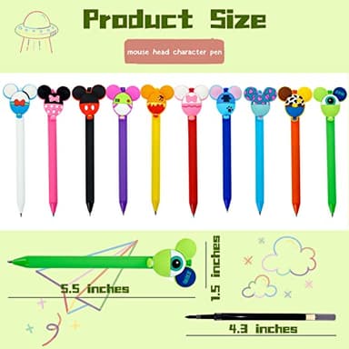 APQA 10pcs Mouse Head Character Ears Pens Set, Retr ctable Ballpoint Pen, Multi Color Jumbo Autograph Princess Pencil Signature Office Desk Stationary Accessories, Gift for Teacher Student - Image 3