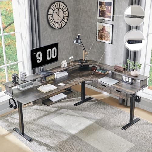 RedLemon 75X60 Inches L Shaped Electric Standing Desk,Height Adjustable Corner Gaming Desk with Drawers, Keyboard Tray, Power Outlets & LED Lights, Computer Desk with Monitor Shelf, Dark Rustic Oak - Image 1