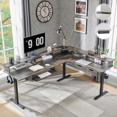 RedLemon 75X60 Inches L Shaped Electric Standing Desk,Height Adjustable Corner Gaming Desk with Drawers, Keyboard Tray, Power Outlets & LED Lights, Computer Desk with Monitor Shelf, Dark Rustic Oak - Image 1