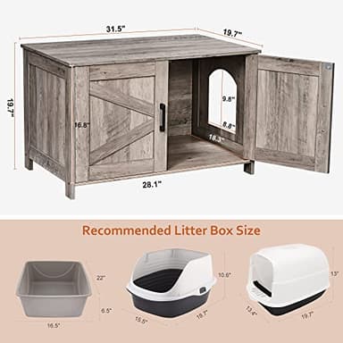 Homhedy Cat Litter Box Enclosure, Wooden Cat Washroom Furniture with Barn Door, Pet House, Fit Most of Litter Box, Greige - Image 5