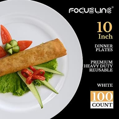 FOCUSLINE 100 Count White Plastic Plates 10 Inch, Disposable Heavy Duty Dinner Plates- Premium Hard Plastic Plates Fancy Disposable White Plates for Weddings, Parties and Events - Image 2