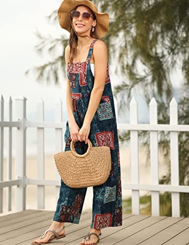 Himosyber Women's Patchwork Dual Pocket Jumpsuit Loose Floral Print Bohemian Wide Leg Bib Overall (#1TealBlue, XL) - Image 2