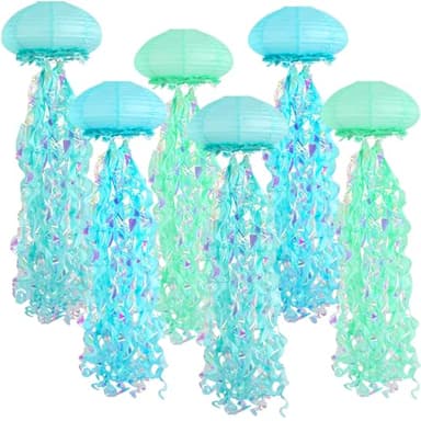 Jellyfish Paper Lanterns, under the sea party decorations, Light Blue Green Cyan Hanging Jelly Fish Lantern for Kids Birthday Decors Ocean Themed party Baby Shower Room Decorations - Image 1