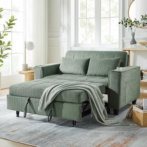 OKD 3 in 1 Convertible Sleeper Sofa Bed, Corduroy Pull Out Futon Couch with Charging Station & Cup Holder, Folding Loveseat Sofa Bed with Side Pocket for Living Room, Green - Image 1
